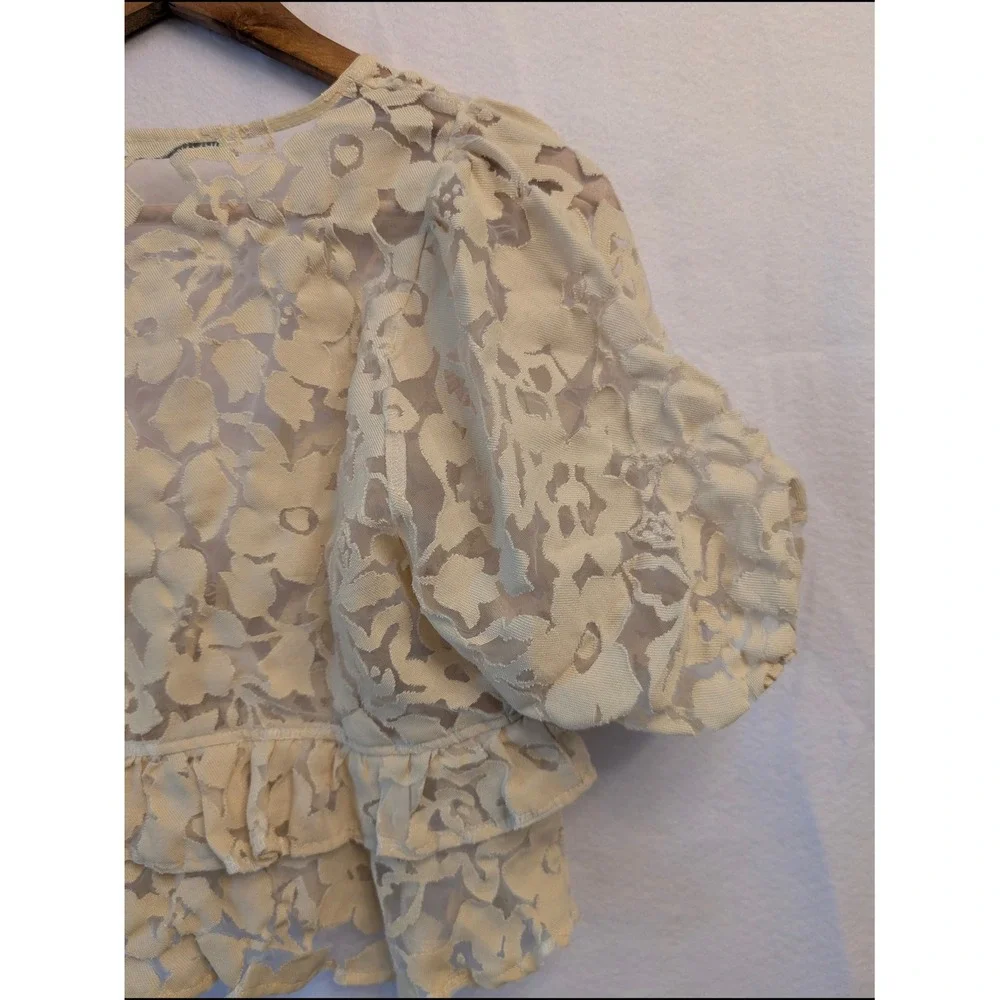 Zara Cream Floral Lace Burnout Puff Sleeve Ruffle Crop‎ Top Small V-Neck Button